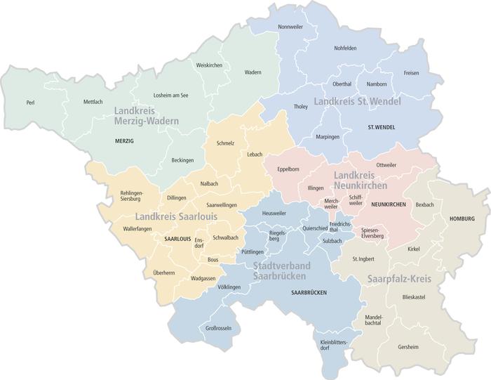 Die Verwaltungskarte zeigt alle sechs Landkreise und 52 Gemeinden des Saarlandes.